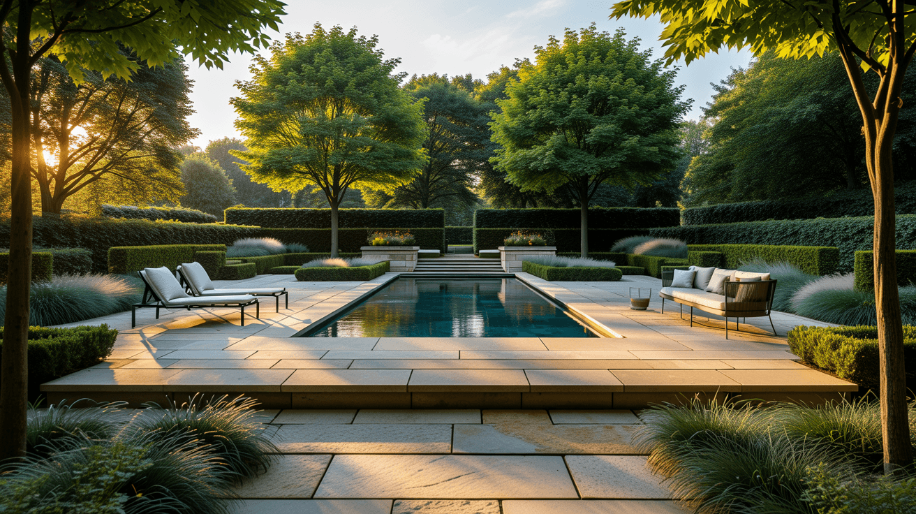 Poolgarten mit Natursteinterrasse im Abendlicht